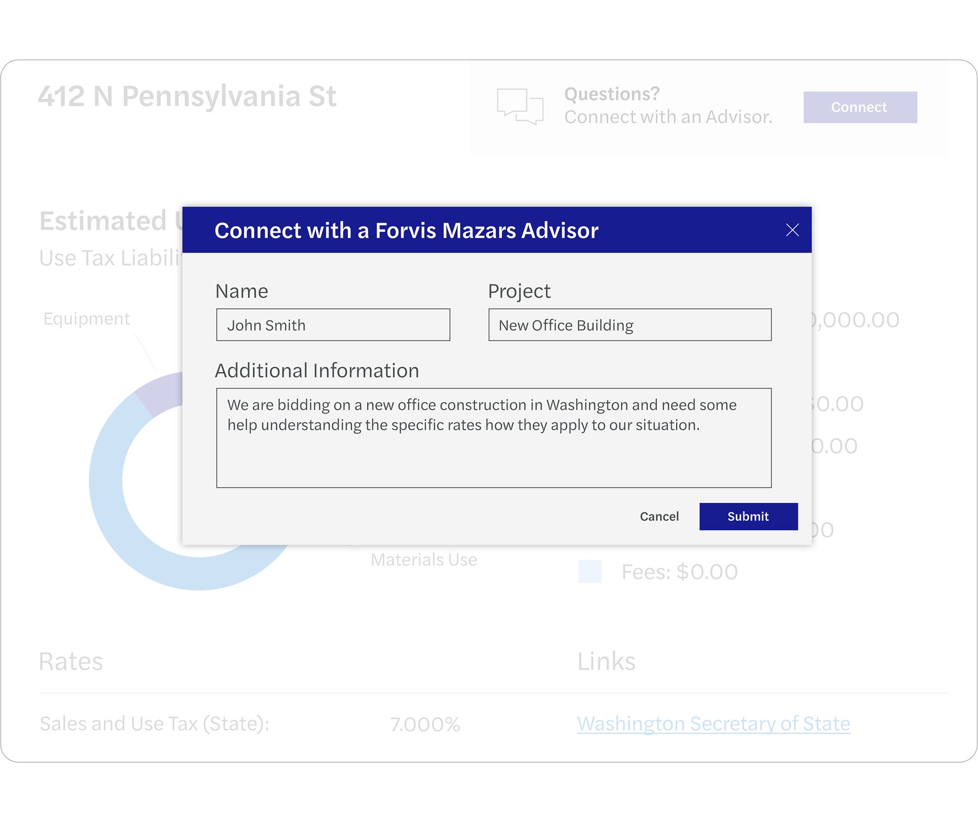 Screenshot showing a popup allowing a user to message a Forvis Mazars advisor