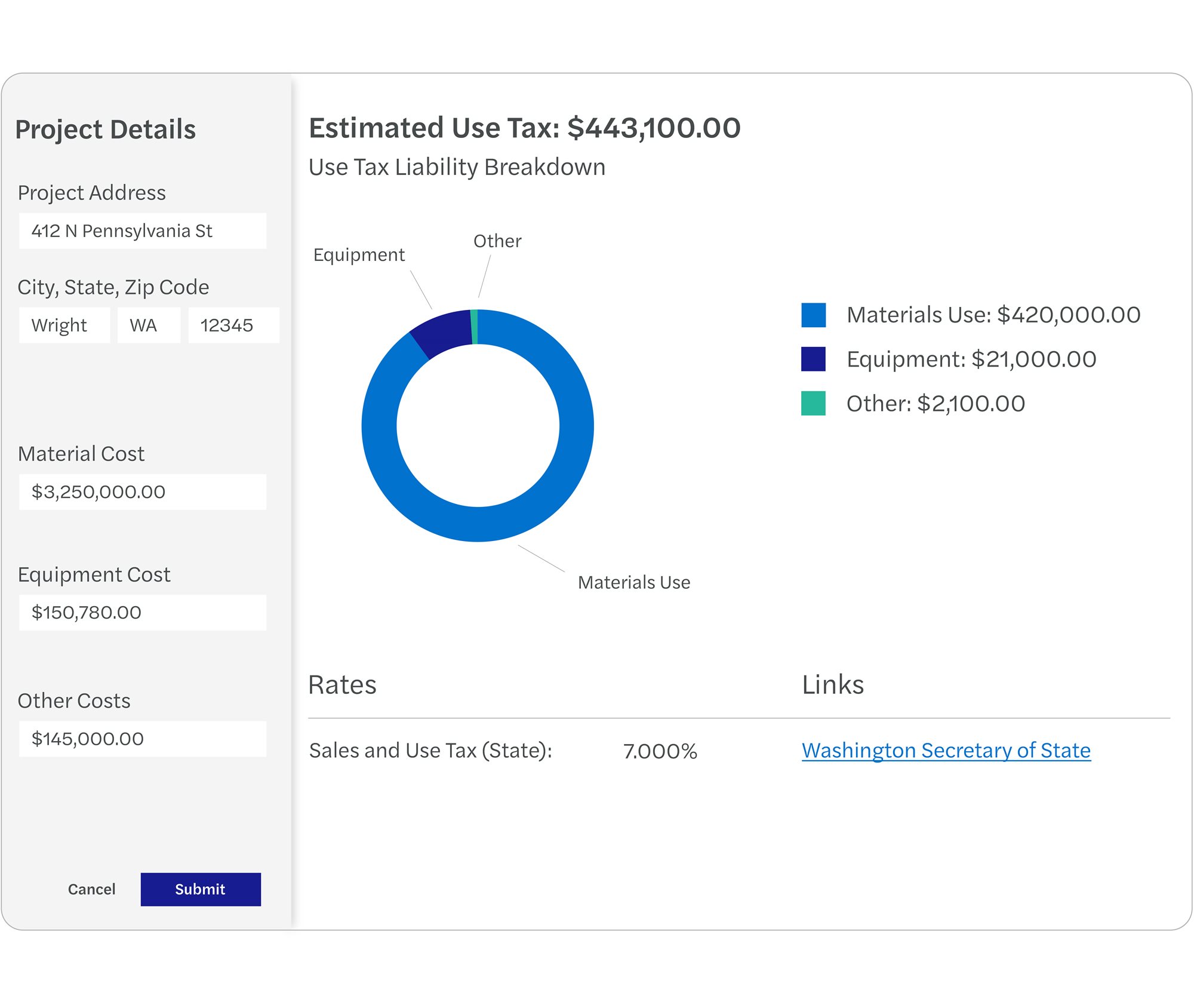 Screenshot showing an estimated use tax for a potential project