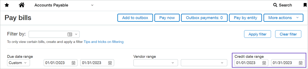 Sage Intacct 2023 Release 1 Pay bills filter