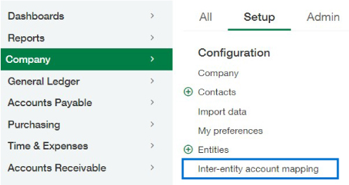 Image of where in Sage Intacct to access and update Inter-entity account mapping.