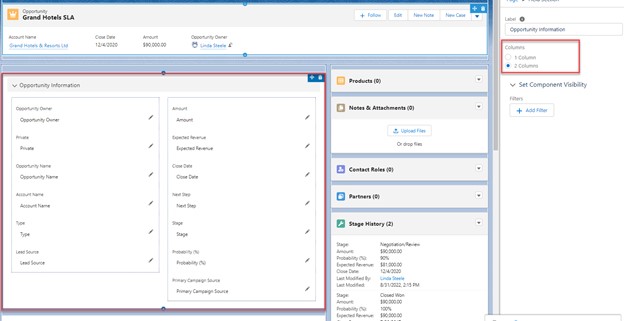 Opportunities Information display fields in one column or two