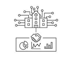 Icon of a digital cityscape with buildings linked by lines, and graphs depicting collaboration and growth.