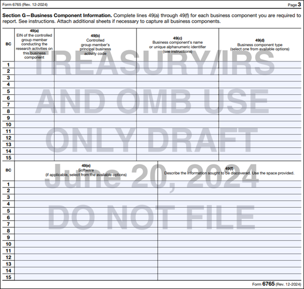 Tax Return Form 6765. Section G-Business Component Information. Complete lines 49(a) through 49(f) for each business component you are required to report.