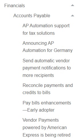 Screenshot of Accounts Payable release notes menu expanded.