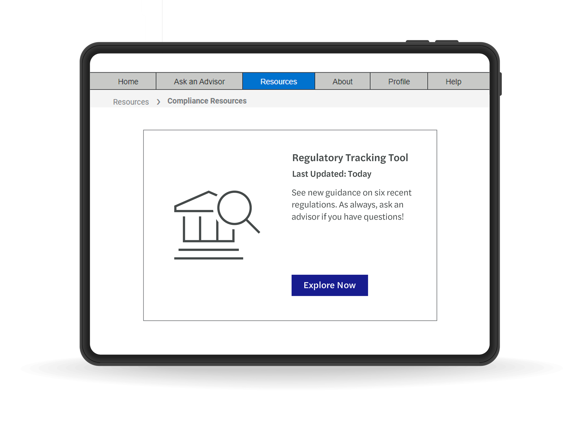 Screenshot mockup of ProBank Advisor's regulatory tracking tool.