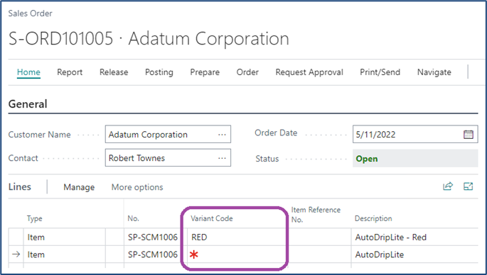 Sales order in Microsoft Dynamics 365 Business Central