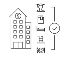 Icon for featuring a building with a dollar sign, keys, clock, bed, representing well rounded financial management