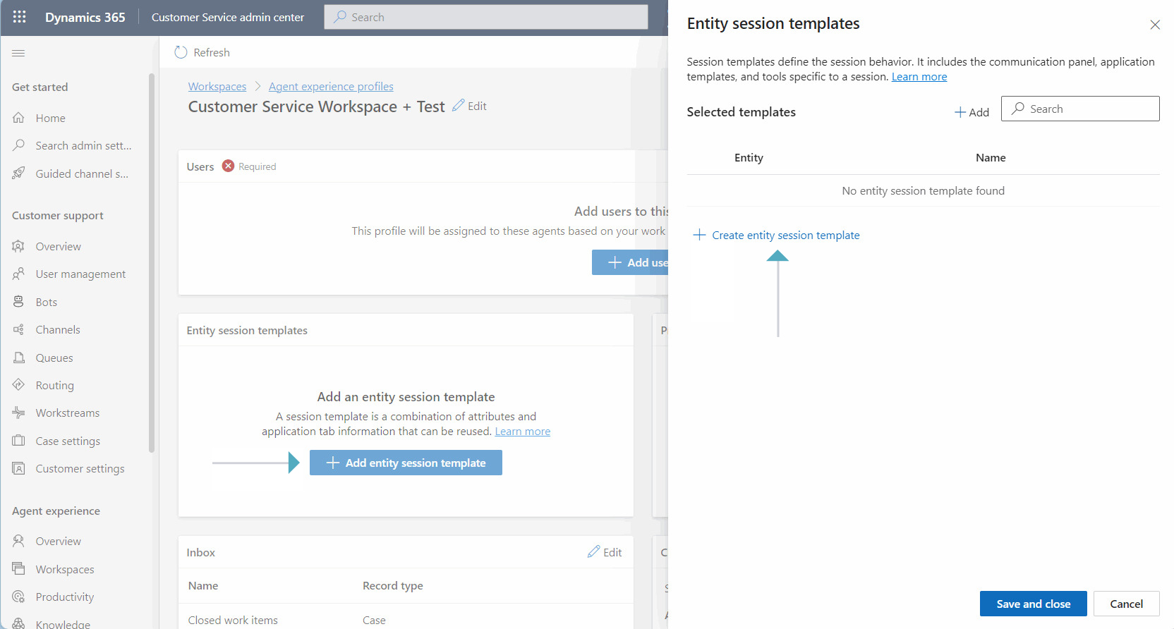 Screenshot of where to create session templates table and form.