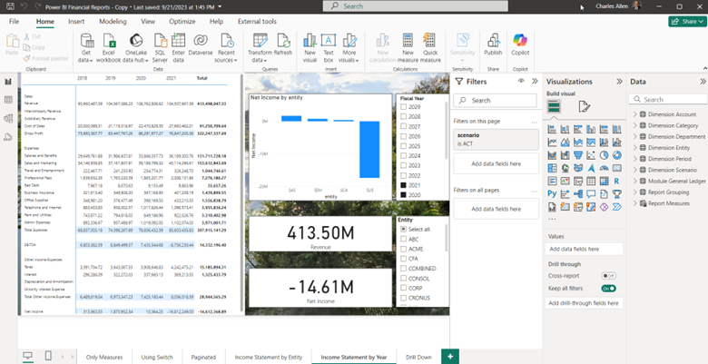 screenshot of reporting options in Power BI