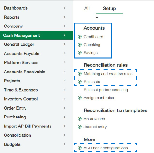 Image showing where in Setup to add new credit card, checking, and savings accounts. Reconciliation rules and more highlighted for users to review.