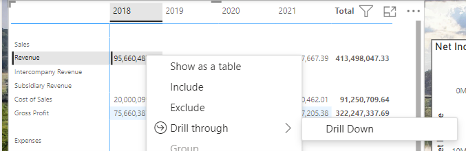 screenshot of power BI drill through