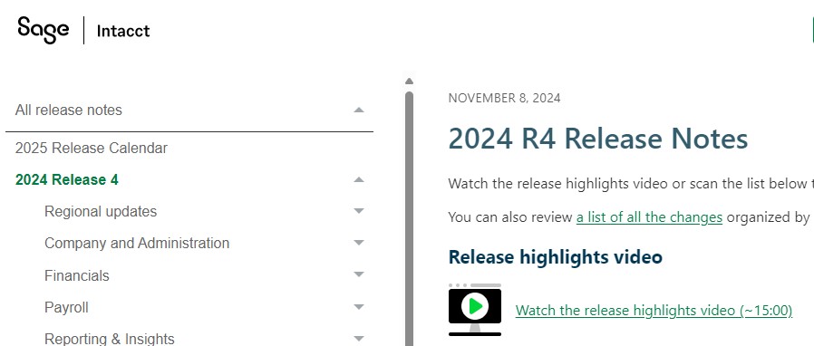 Screenshot of Sage Intacct Release Notes highlights section.