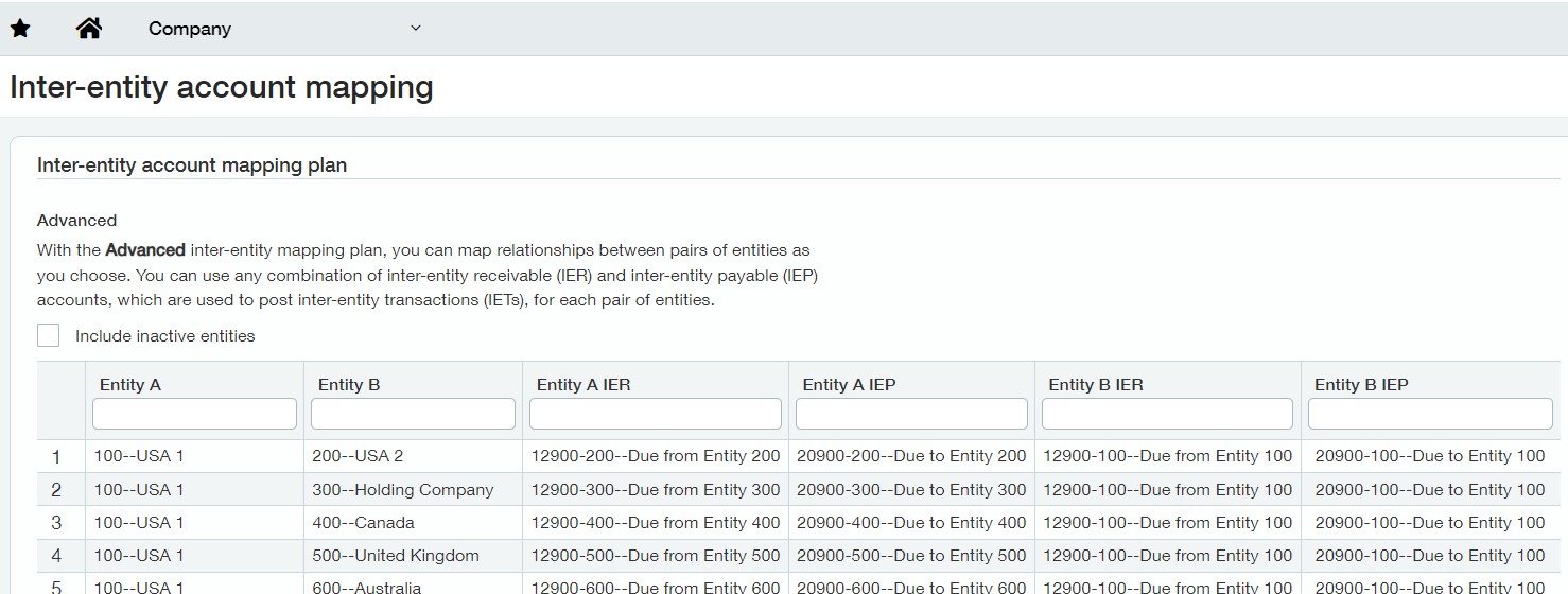 Screenshot of an example of a company’s Inter-entity account mapping showing functionality and sample data.