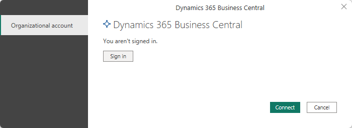 Figure 14 Prompt to sign into Dynamics 365 Business Central from Power BI Desktop.