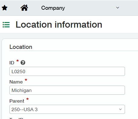 Screenshot of a new Location information screen in Sage Intacct.