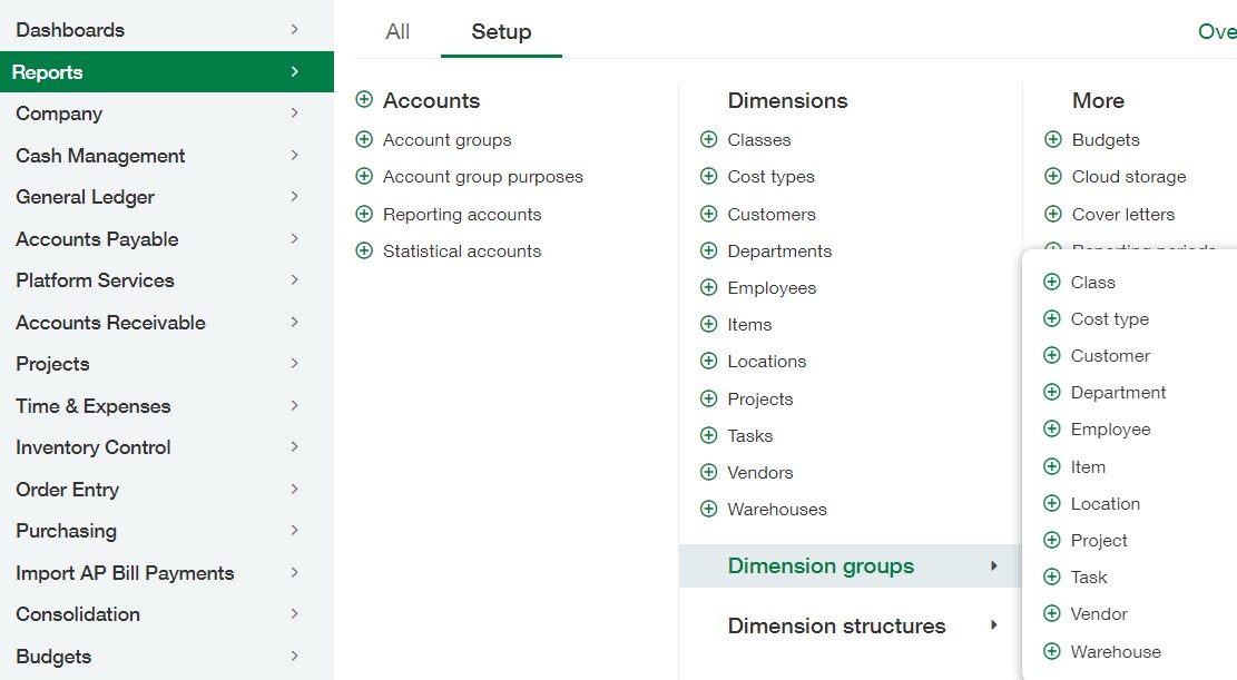 Screenshot of where in Sage Intacct to review and update your Location Groups at Reports-Setup-Dimension groups.