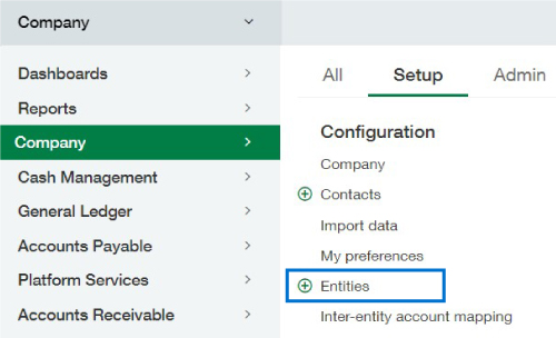 Sage Intacct screenshot showing where in Company Setup to add a new entity. Entities option highlighted.