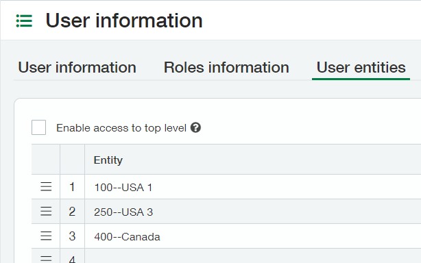 Screenshot of where in Sage Intacct under User information in the User entities tab to update users’ entity access.