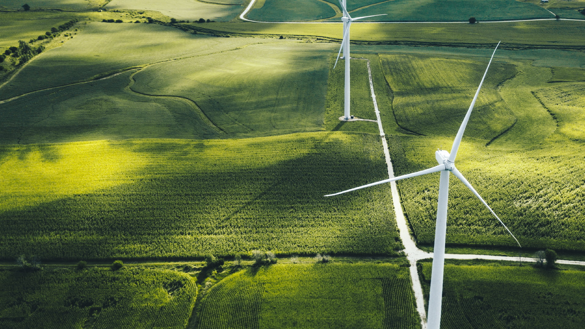 An aerial view of white windmills on a bright green grassy prairie.