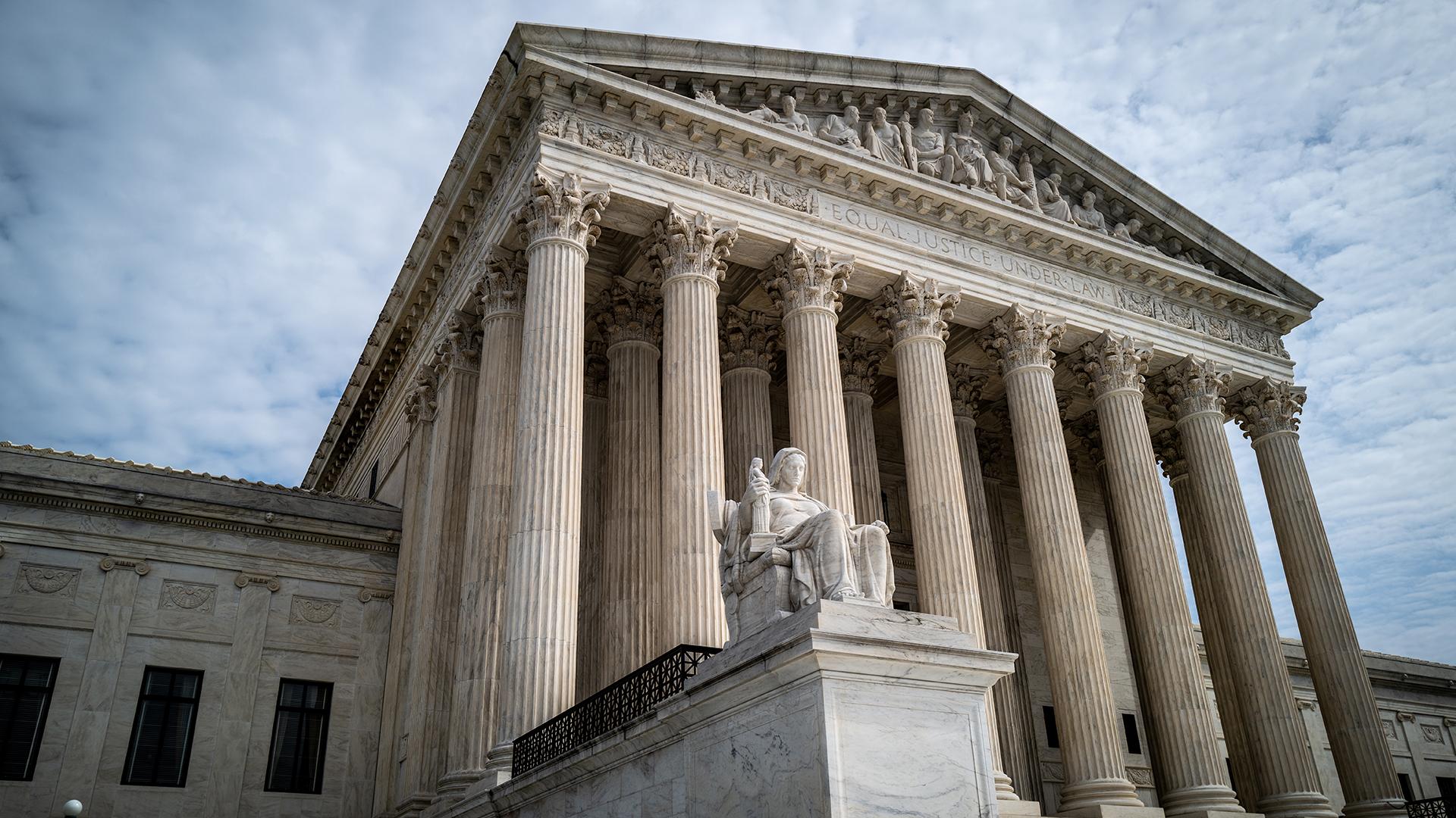 A view of the front portico of the United States Supreme Court building in Washington, DC.