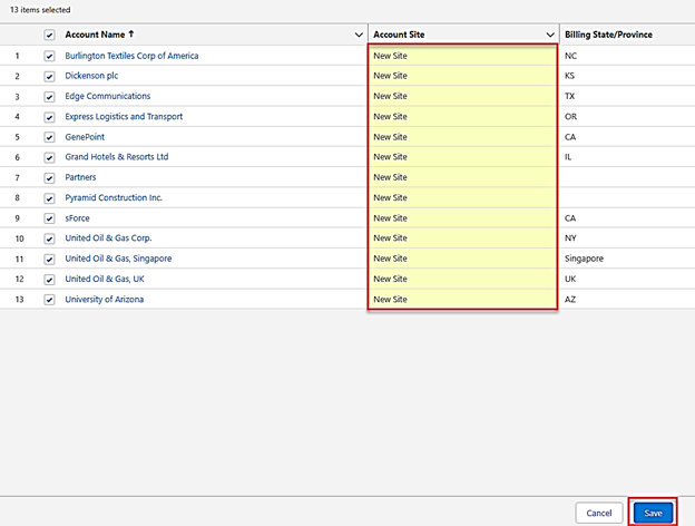 Example of multiple records updated with list views in Salesforce Lightning.