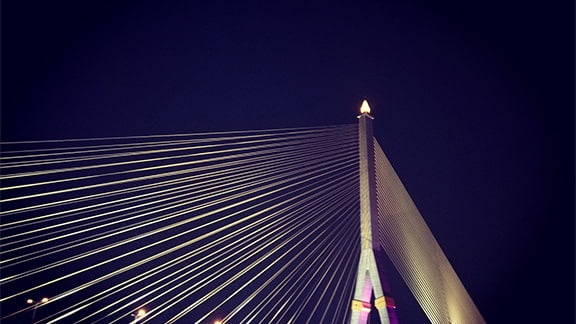 Cable-stayed bridge lit up at night.