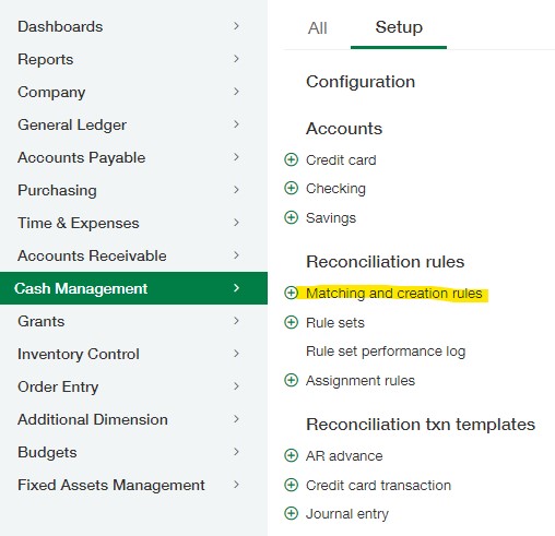 Cash Management Setup Reconciliation Rules