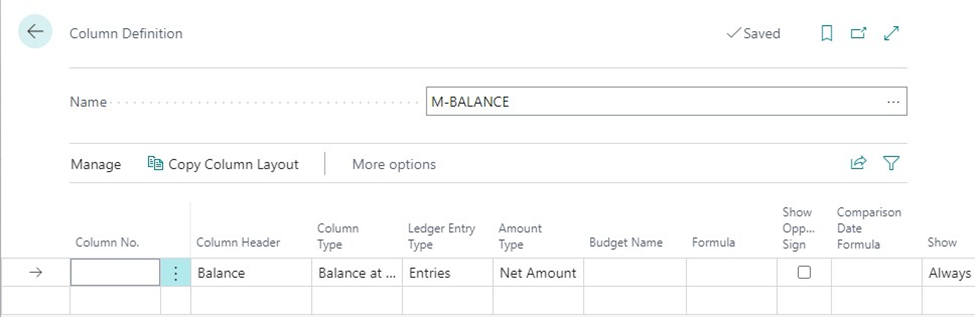 Column definition in Microsoft Dynamics 365 Business Central