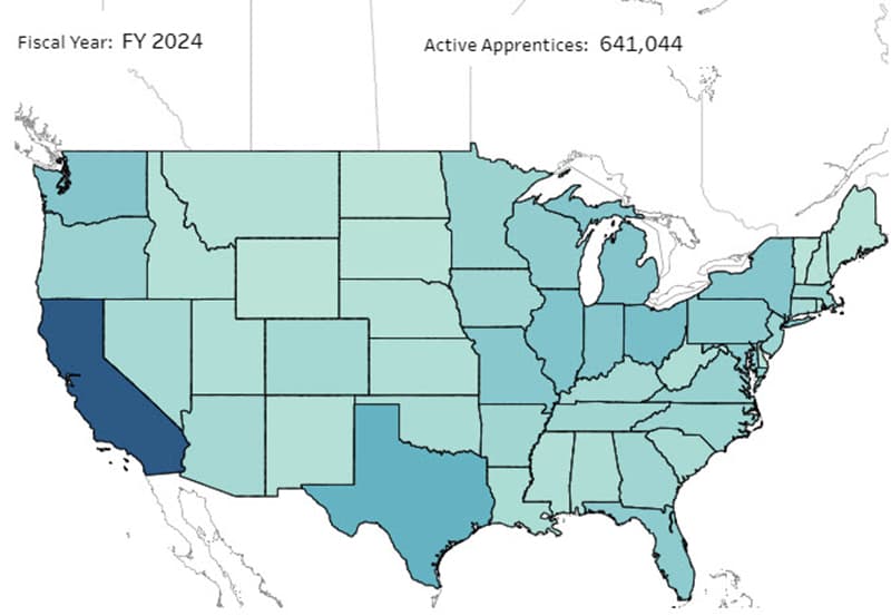 Map showing the concentration of active apprentice locations in the United States.