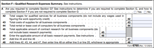 Tax Return Form 6765. Section F- Qualified Research Expenses Summary.