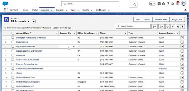 Example of inline editing in Salesforce.