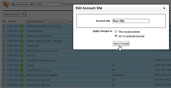  Example of multiple records updated in Salesforce Classic.