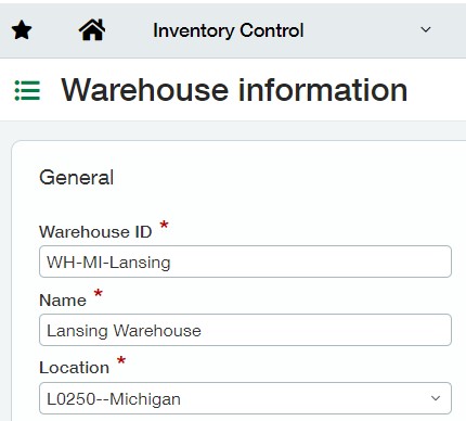 Screenshot of an example Warehouse information screen in Sage Intacct.