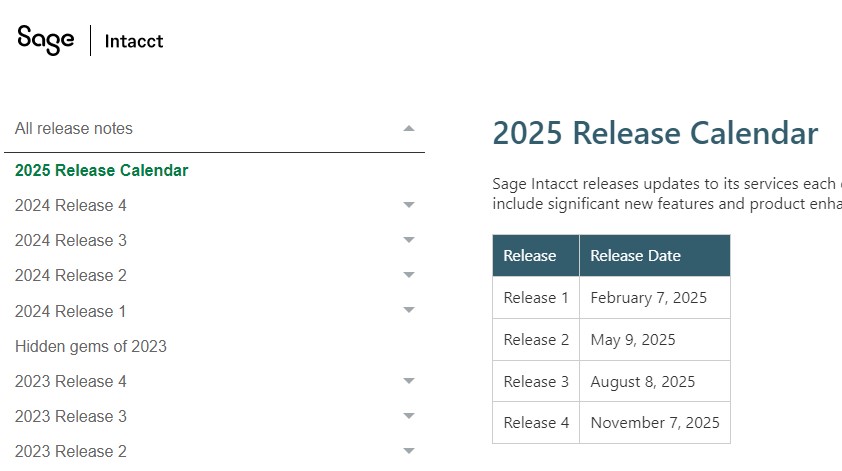 Screenshot  Sage Intacct 2025 Release Calendar.