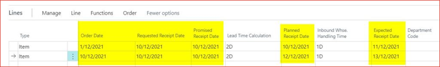 Purchase Line Dates Business Central