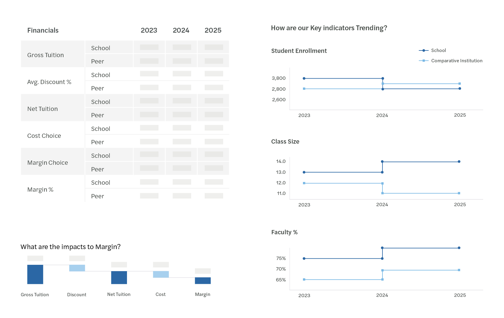 Example of PEA tool showing financial trend data (student enrollment, class size, tuition, and margin).