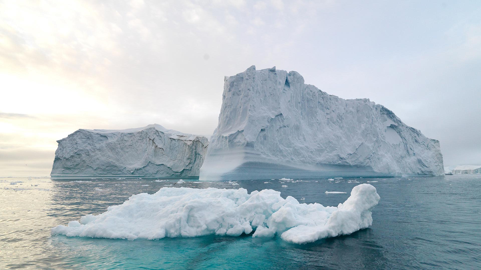 Arctic icebergs on Arctic Ocean in Greenland.