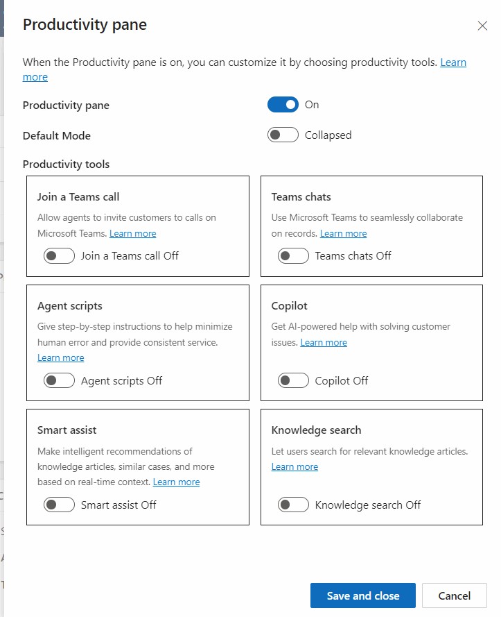 Screenshot of customizing a productivity pane.