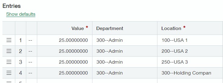 Screenshot of example General Ledger Transaction allocations with a new entity showing.