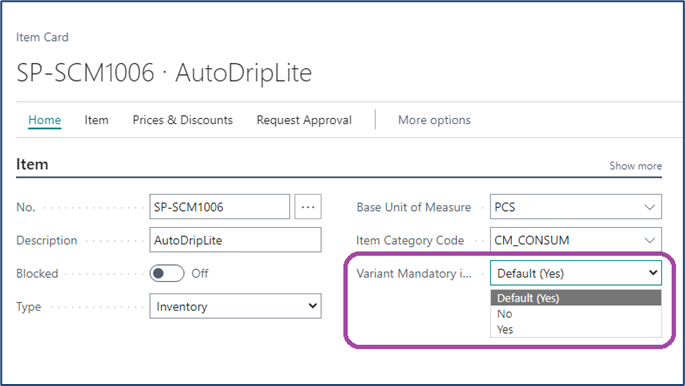 Item card in Microsoft Dynamics 365 Business Central