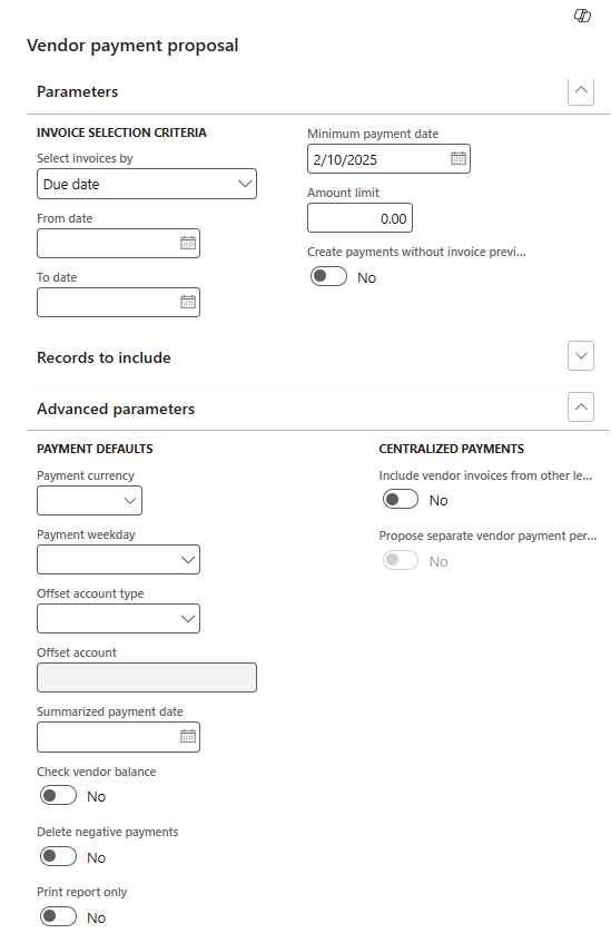 Vendor payment proposal parameters (due date, cash discount, amount limit for all payments, currency).