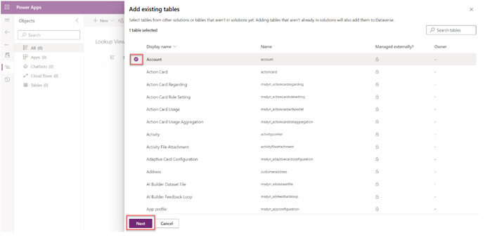 Account table with the Lookup View