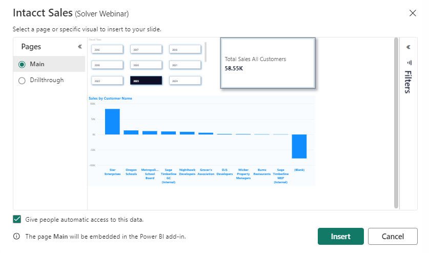 Power BI page to insert preview