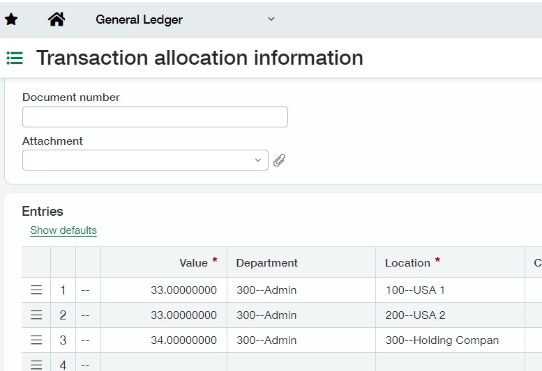 Screenshot of a General Ledger Transaction allocation information screen.