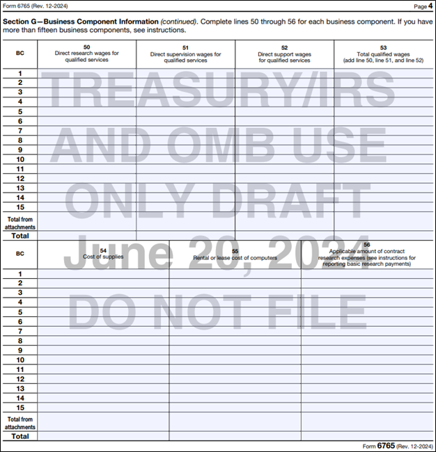 Tax Return Form 6765. Section G-Business Component Information. Complete lines 49(a) through 49(f) for each business component you are required to report.